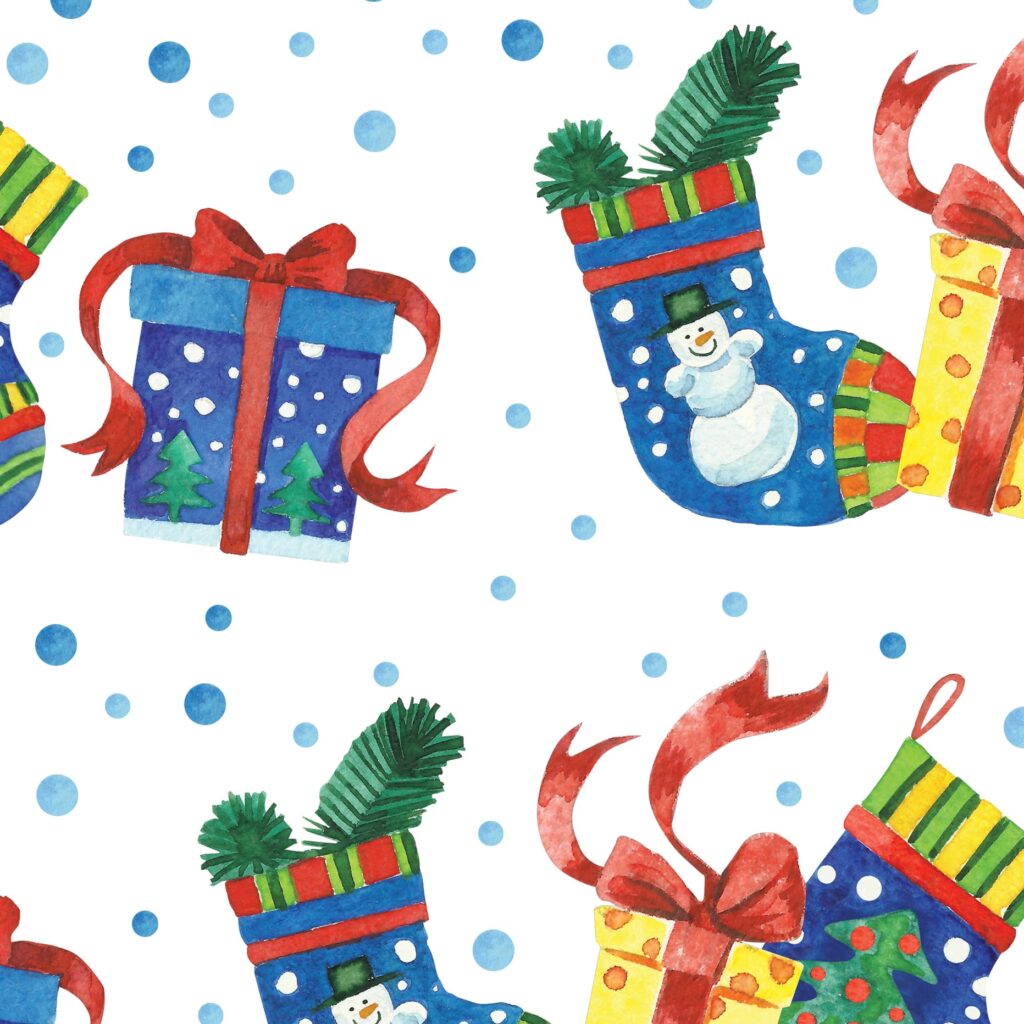 Christmas gifts and socks – watercolor seamless pattern, christmas clipart, holiday graphics, festive design elements