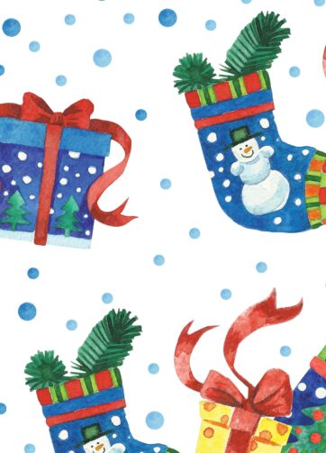 Christmas seamless pattern: gifts and socks. Watercolor hand made illustration, fragment