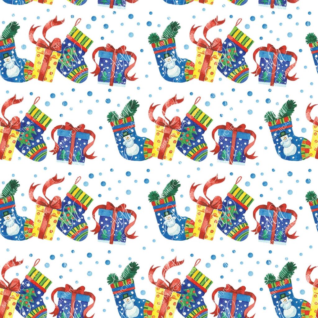 Christmas gifts and socks – watercolor seamless pattern, christmas clipart, holiday graphics, festive design elements
