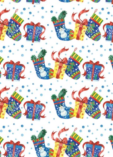 Christmas seamless pattern: gifts and socks. Watercolor hand made illustration, can be used for gift paper, your designs, cards, invitations
