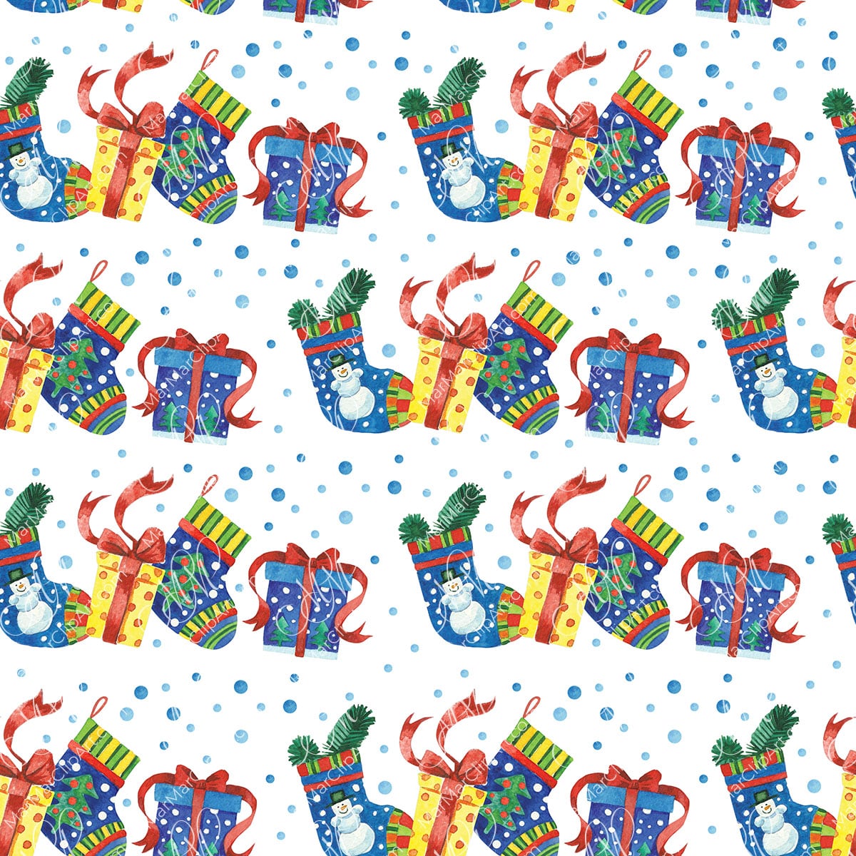 Christmas seamless pattern: gifts and socks. Watercolor hand made illustration, can be used for gift paper, your designs, cards, invitations
