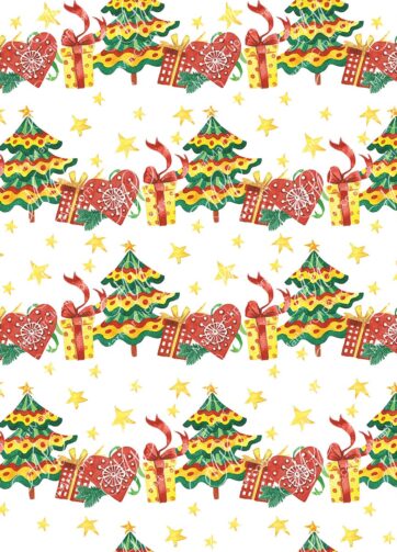 Christmas seamless pattern: tree and gifts. Watercolor hand made illustration, can be used for gift paper, your designs, cards, invitations