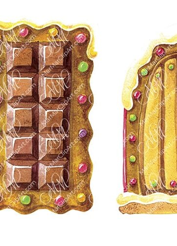 4 elements for a gingerbread house. Watercolor hand made illustration, can be used for your cards, scrapbooking