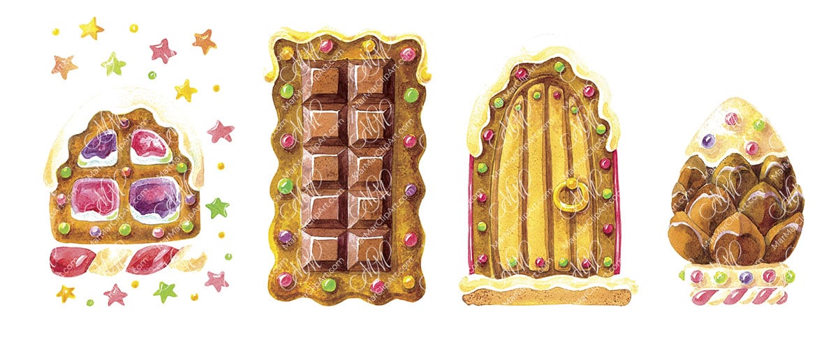 4 elements for a gingerbread house. Watercolor hand made illustration, can be used for your cards, scrapbooking