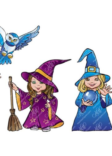Set of 4 witches and owls. Vector printable file