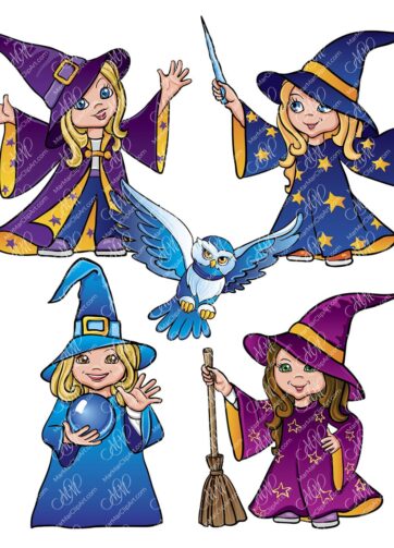Set of 4 witches and owls. Vector printable file, can be used for cards, invitations, for your design work