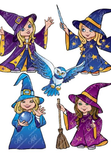 Set of 4 witches and owls. Vector printable file, can be used for cards, invitations, for your design work