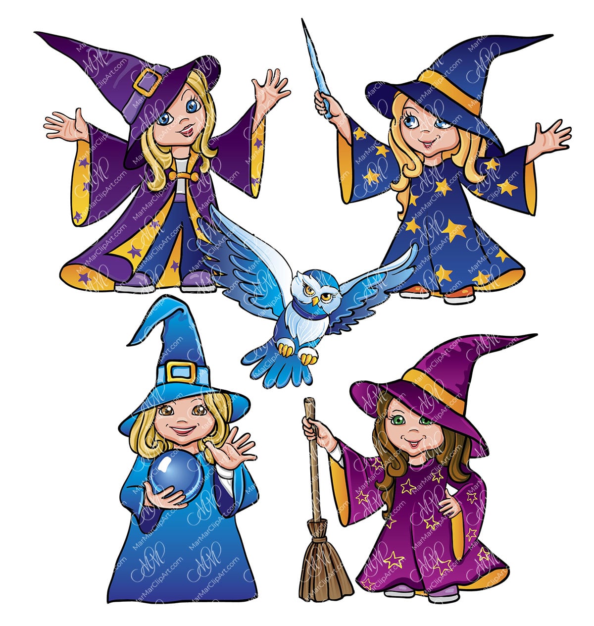 Set of 4 witches and owls. Vector printable file, can be used for cards, invitations, for your design work