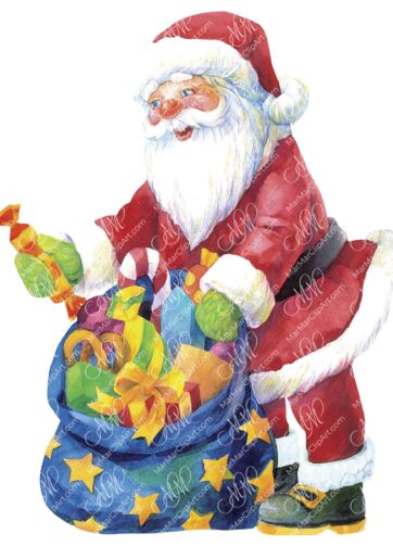 Santa giving gifts. Watercolor, hand made painting. Printable file