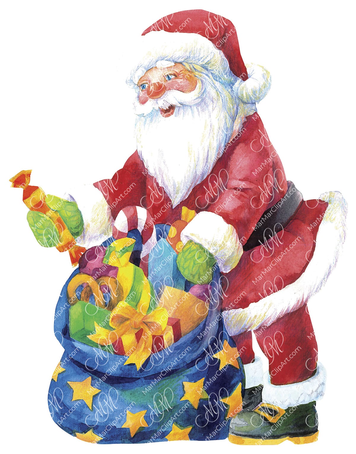 Santa giving gifts. Watercolor, hand made painting. Printable file