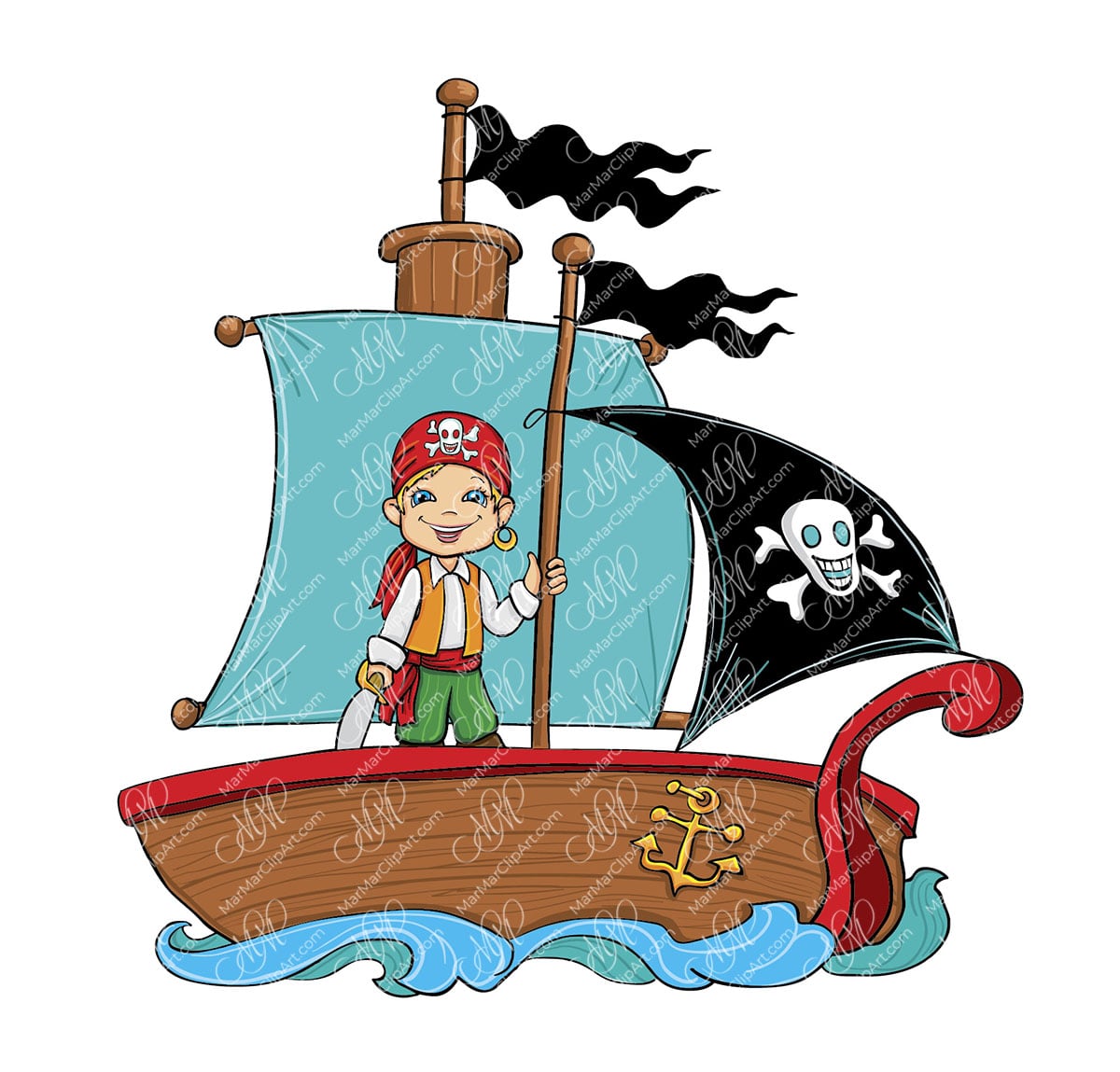 Pirates' ship. Vector drawing. Can be used for your design work: postcards, flyers, booklets, packaging designs, posters, labels