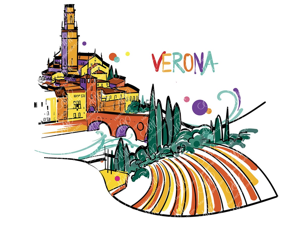 Verona. Roman theatre. Ponte Pietro. Vector printable file, can be used for cards, invitations, for your design work
