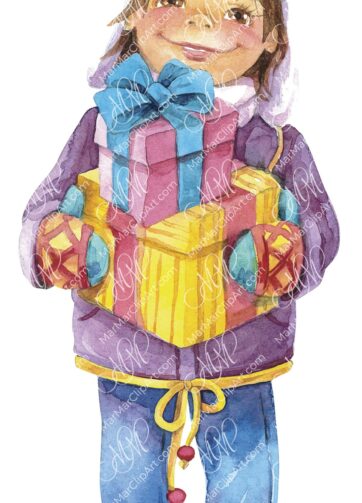Boy with a gift from Santa. Watercolor hand made illustration, can be used for your cards, invitations, for your design works