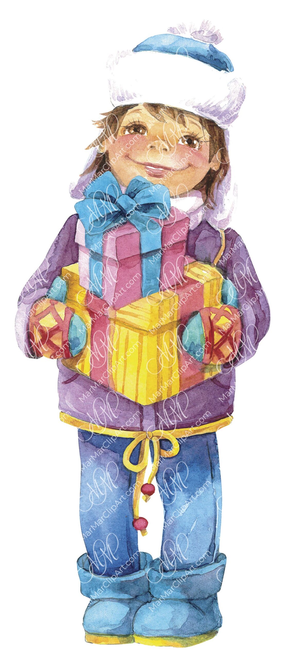 Boy with a gift from Santa. Watercolor hand made illustration, can be used for your cards, invitations, for your design works