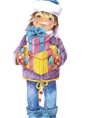 Boy with a gift from Santa. Watercolor hand made illustration