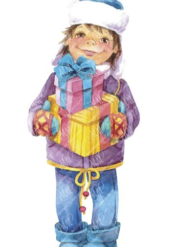 Smiling Boy with Christmas Gifts. Watercolor hand made illustration