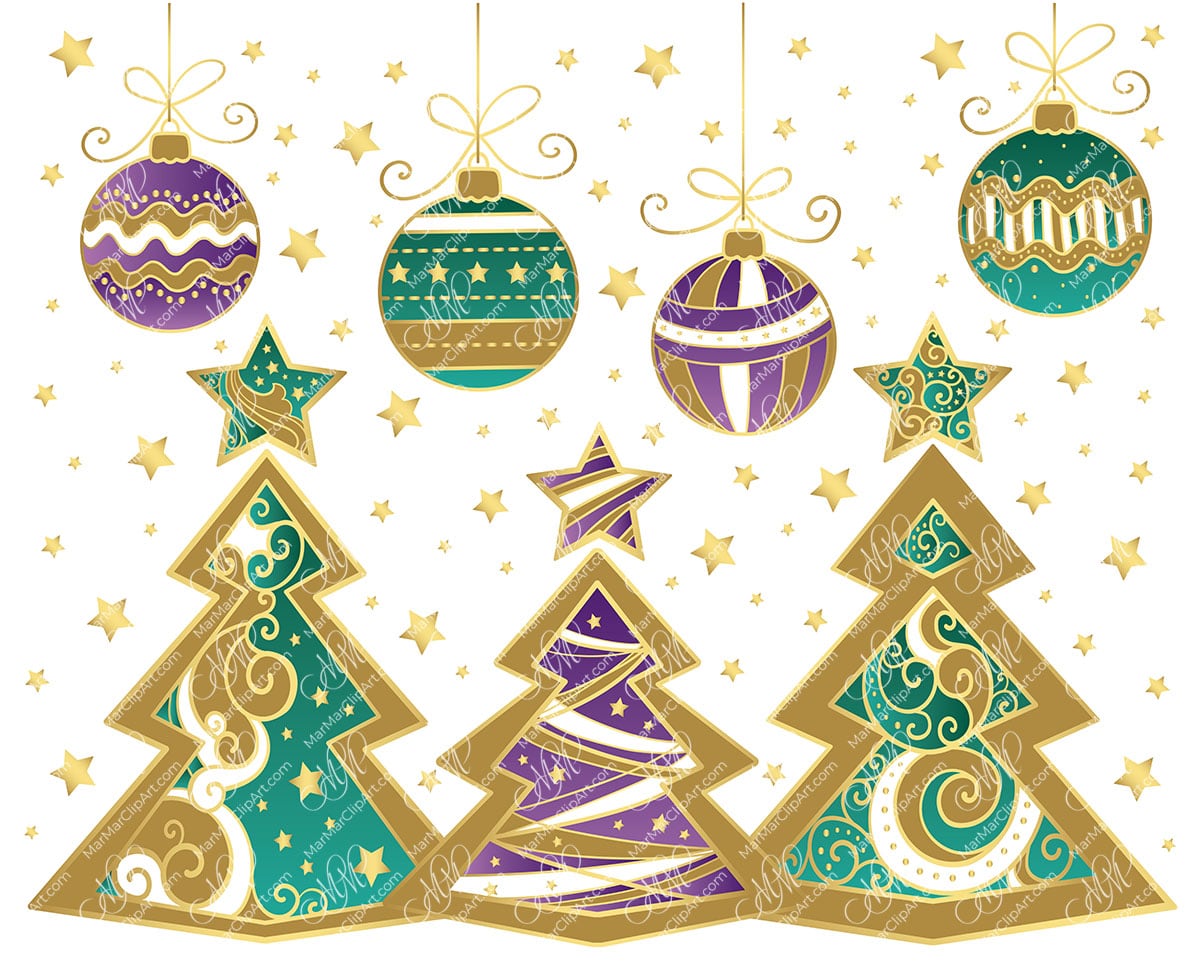 Christmas mix: turquoise purple trees and balls.Vector printable files, can be used for Christmas cards, invitations, for your design work, wrapping paper, package design, labels