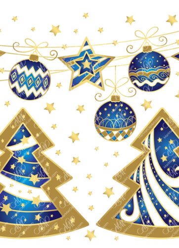 Christmas mix: blue gold trees, stars and balls.Vector printable files, can be used for Christmas cards, invitations, for your design work, wrapping paper, package design, labels