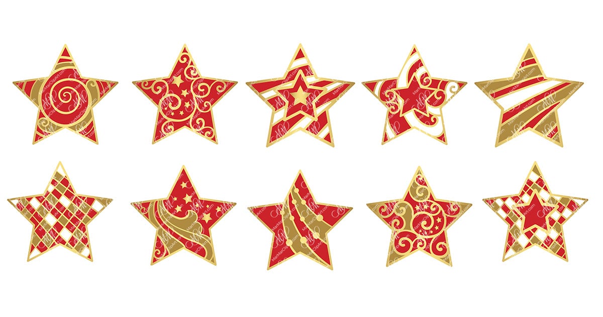 Set of 10 Christmas stars. Vector printable files, can be used for Christmas cards, invitations, for your design work, package design, labels