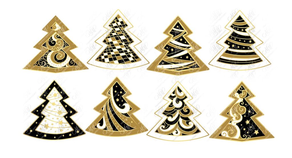 Gold Black Christmas Tree Clipart Set – Elegant Vector Collection, christmas vector clipart, holiday graphics, festive design elements