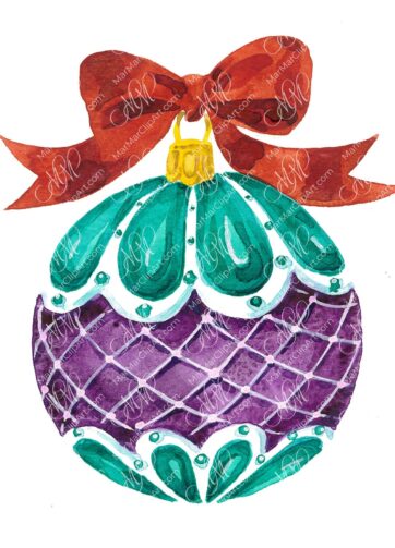 Turquoise-purple Christmas ball. Handmade watercolor illustration