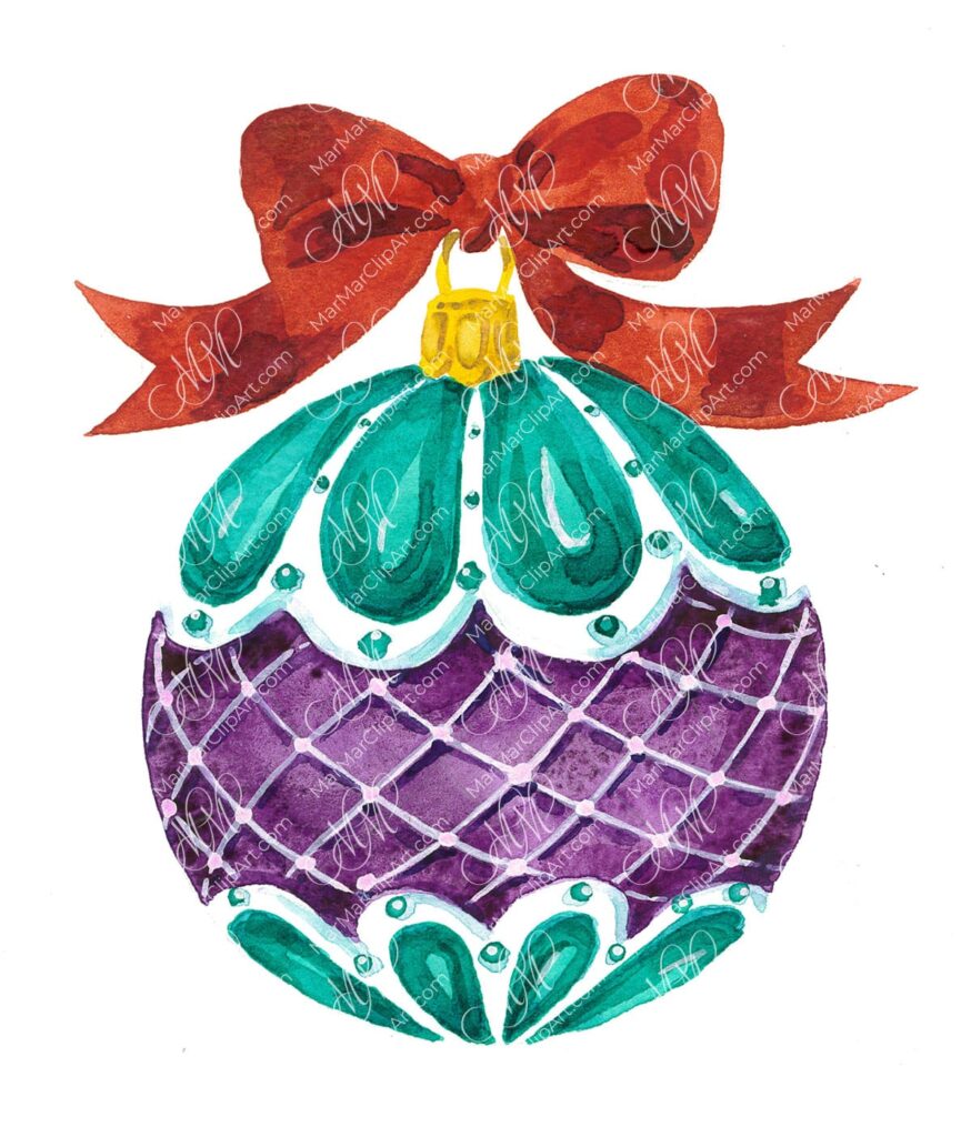 Christmas Purple Bauble with Red Bow – Hand Painted Watercolor, christmas clipart, holiday graphics, festive design elements