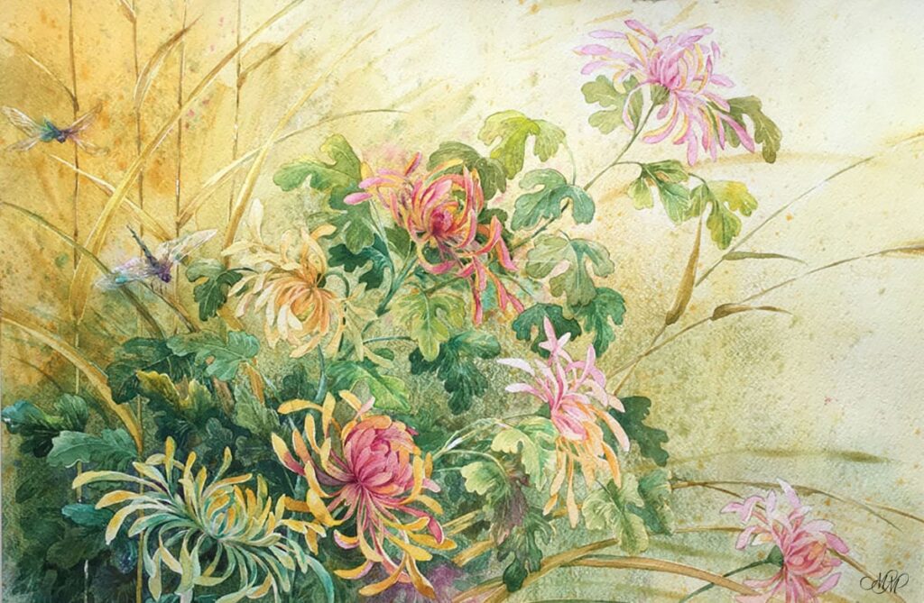 Chrysanthemums and dragonfly. Watercolor painting by Marina Markizova
