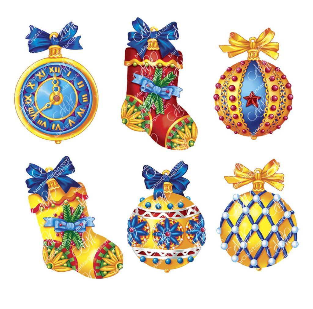 Christmas clipart set: Christmas balls, watches and socks. Digital illustrations. Digital illustration, can be used for your cards, invitations, for your design work