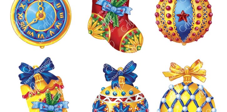 Christmas clipart set: Christmas balls, watches and socks