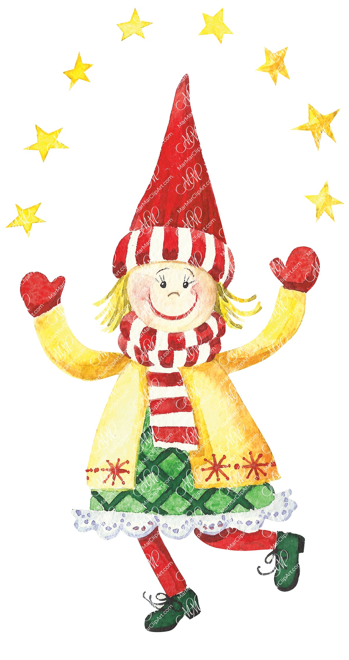 Christmas card Funny girl in Santa hat. Watercolor hand made illustration