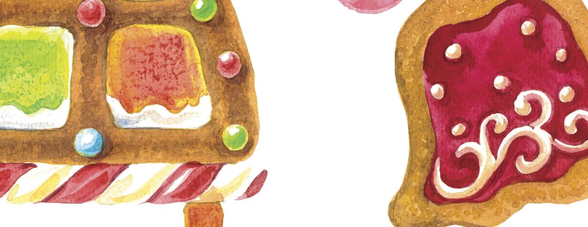 Elements for a gingerbread house. Watercolor hand made illustration, fragment