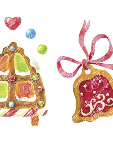 Elements for a gingerbread house. Watercolor hand made illustration, can be used for your cards, scrapbooking, invitations, for your design works