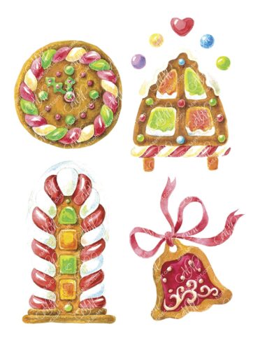 Elements for a gingerbread house. Watercolor hand made illustration, can be used for your cards, scrapbooking, invitations, for your design works