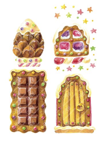 4 elements for a gingerbread house. Watercolor hand made illustration, can be used for your cards, scrapbooking, invitations, for your design works