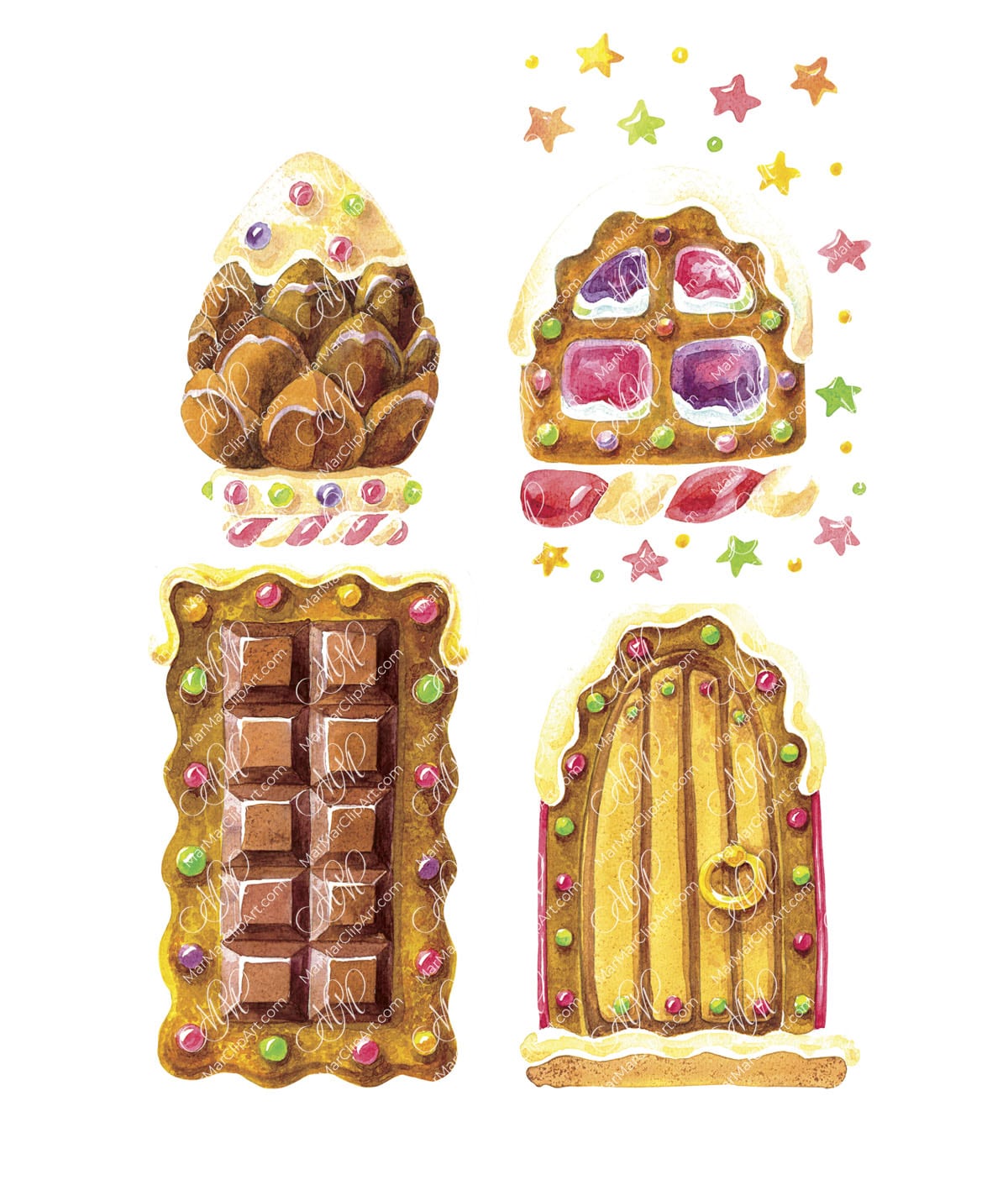 4 elements for a gingerbread house. Watercolor hand made illustration, can be used for your cards, scrapbooking, invitations, for your design works