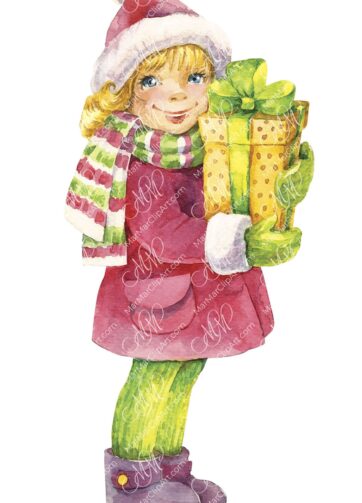 Girl with a gift from Santa. Watercolor hand made illustration, can be used for your cards, invitations, for your design works