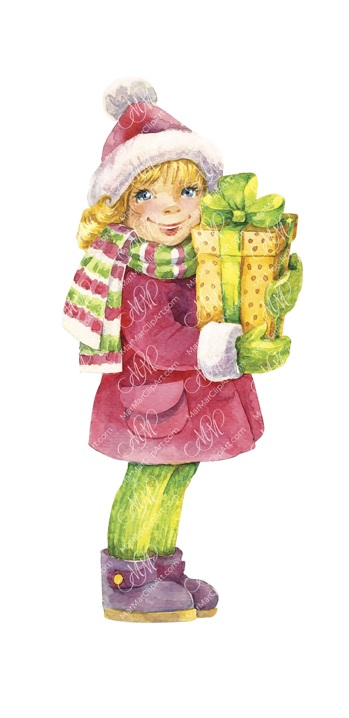 Girl with a gift from Santa. Watercolor hand made illustration, can be used for your cards, invitations, for your design works
