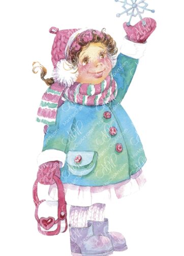 Little girl with a snowflake. Watercolor hand made illustration, can be used for your cards, invitations, for your design works