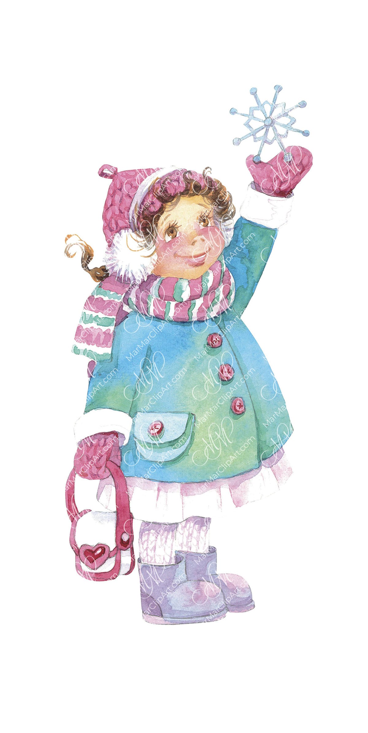 Little girl with a snowflake. Watercolor hand made illustration, can be used for your cards, invitations, for your design works