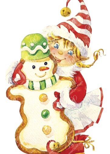 Leprechaun girl with gingerbread. Watercolor hand made illustration, can be used for your cards, scrapbooking, invitations, for your design works