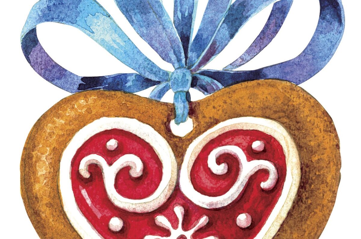 Christmas Gingerbread Heart and Star. Watercolor hand made illustration, fragment