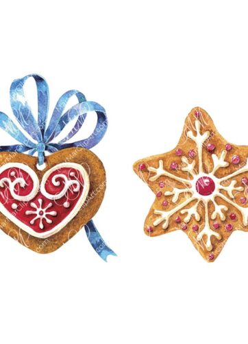 Christmas Gingerbread Heart and Star. Watercolor hand made illustration