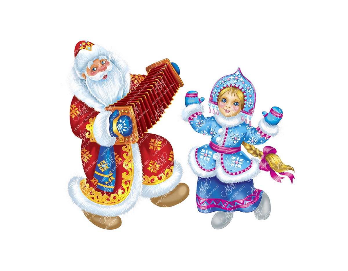 Santa Claus with accordion and Snow Maiden. Digital illustration. Printable file. Can be used for new year's cards, invitations, for your design works, labels