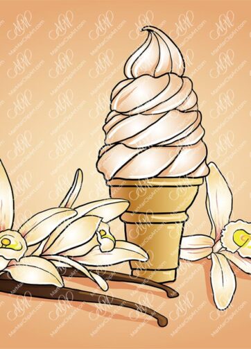 Vanilla, flower of vanilla and vanilla ice cream. Vector printable file, can be used for cards, invitations, for your design work