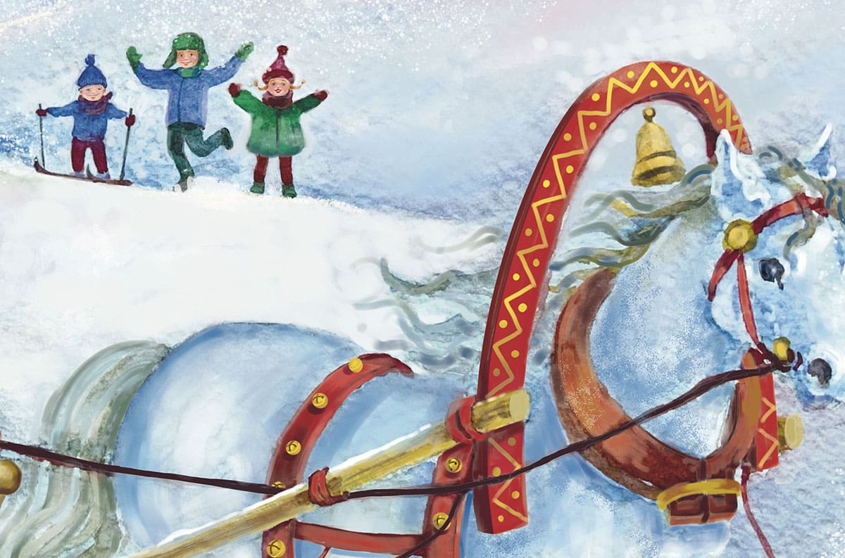 Fragment of watercolor illustration Santa Claus and Snow Maiden on a horse-drawn sleigh