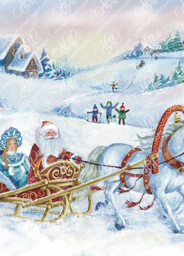 Santa Claus and Snow Maiden on a horse-drawn sleigh