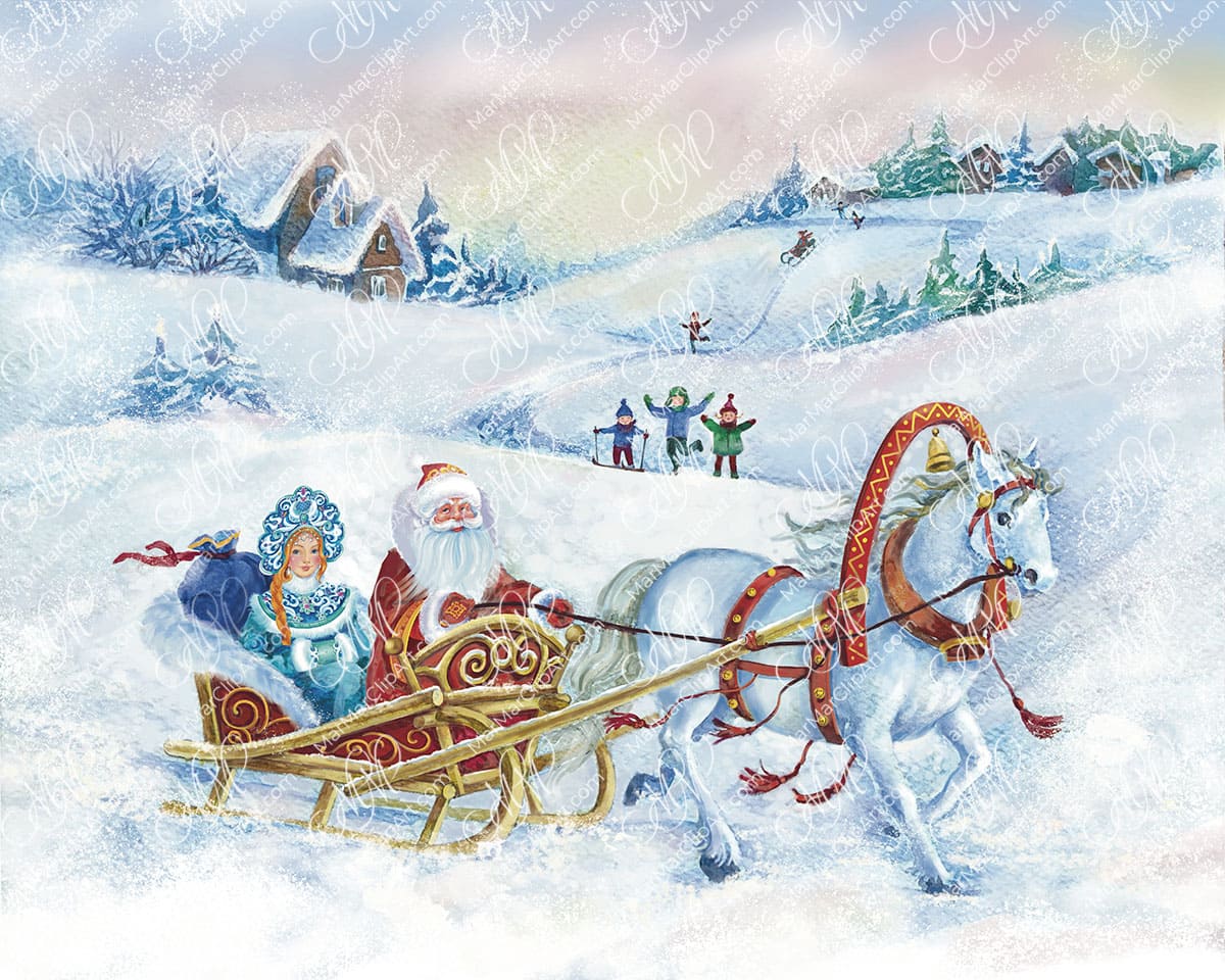 Santa Claus and Snow Maiden on a horse-drawn sleigh