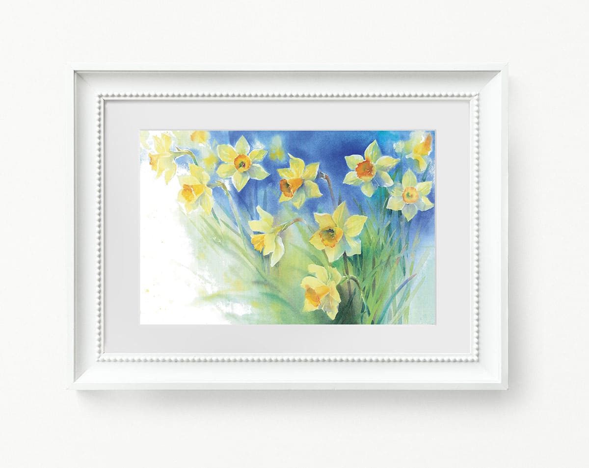 Framed Watercolor flower painting spring Narcissus