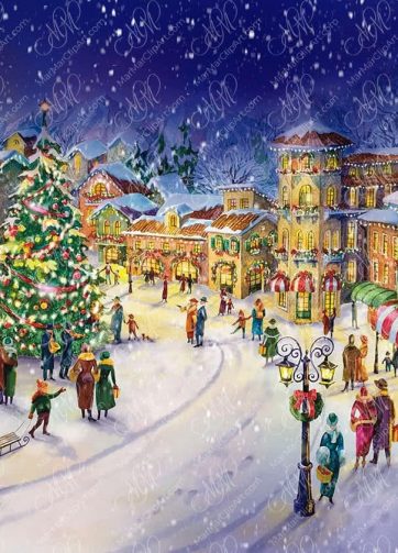 Night Christmas city watercolor illustration. Christmas time: Christmas Tree in the main city square, people walking with gifts, Santa Claus, musicians...etc. Watercolor Christmas illustration for home decoration, New Year's cards, Christmas invitations, design works, packaging design, labels