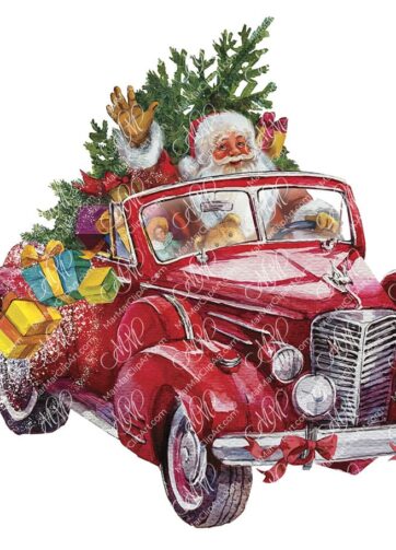 Watercolor illustration "Santa Claus by car"
